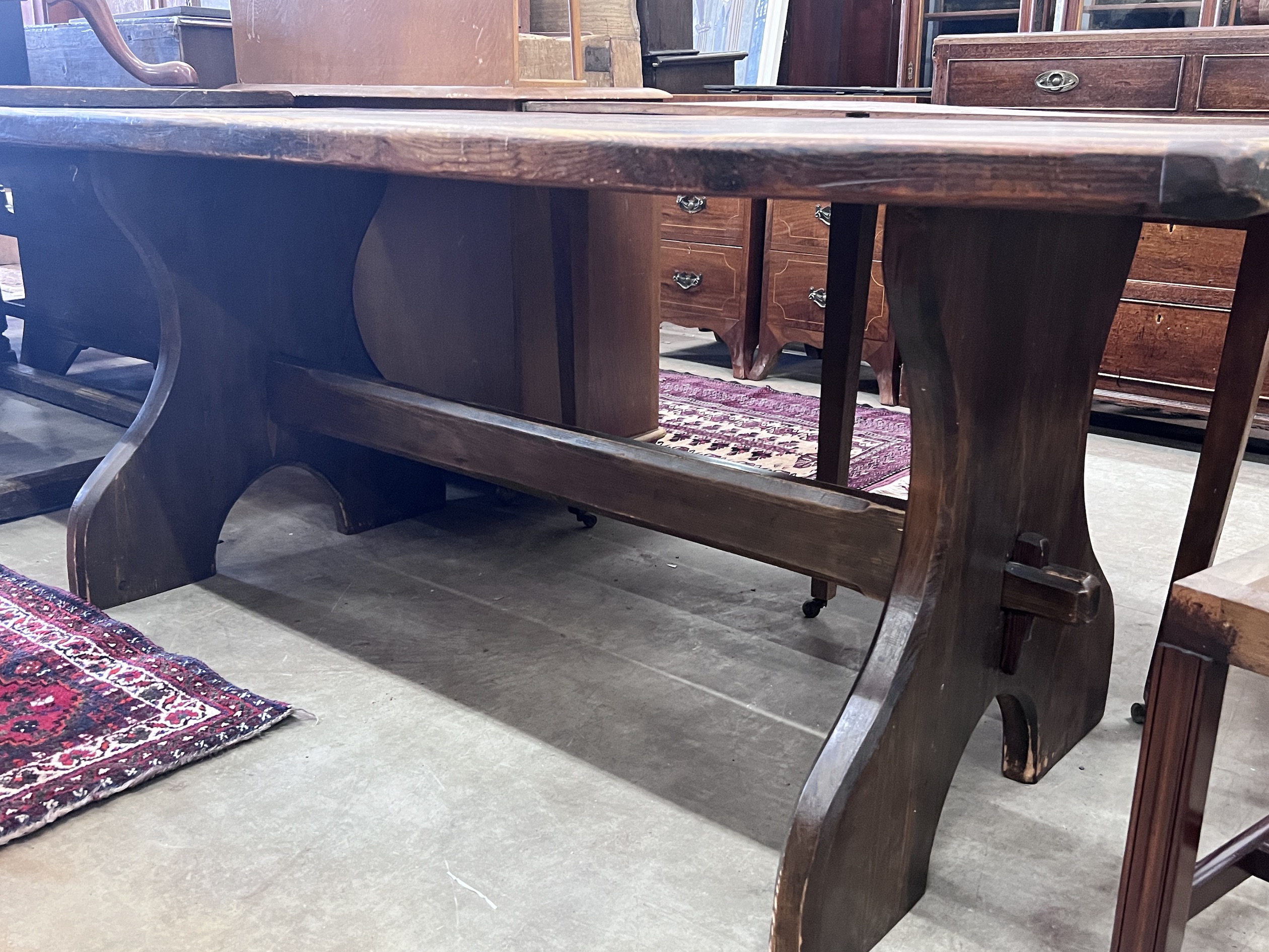 An 18th century style rectangular pine refectory table, width 182cm, depth 75cm, height 74cm